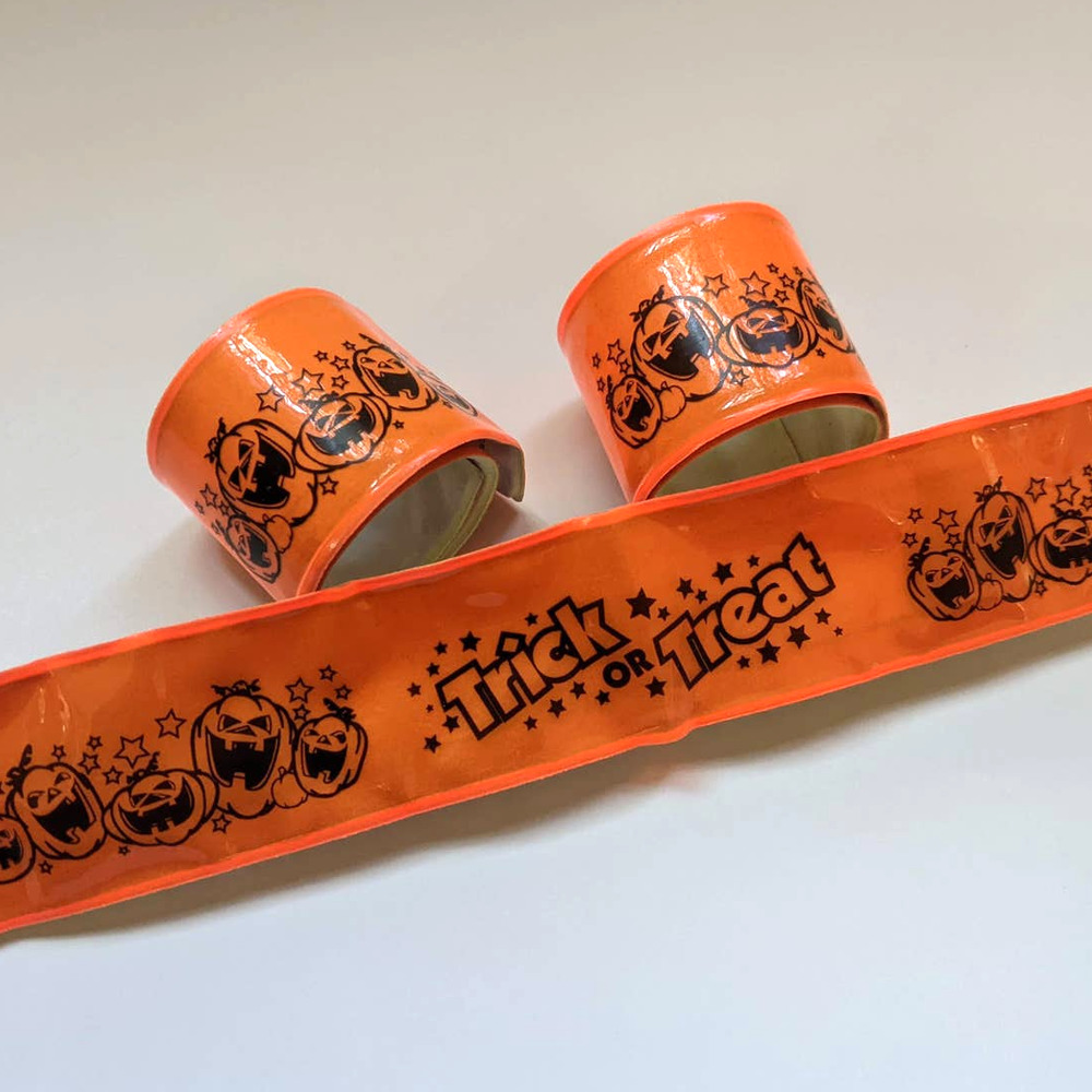 3 Vintage Halloween Slap Bracelets, Reflective Safety Trick or Treat Wristbands